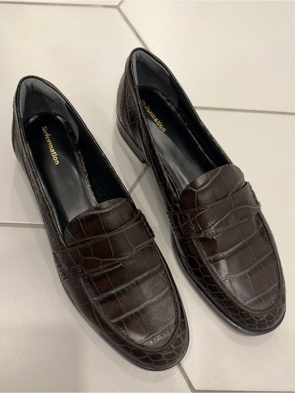 Reformation Dark Brown Croc-Embossed Leather Penny Loafers